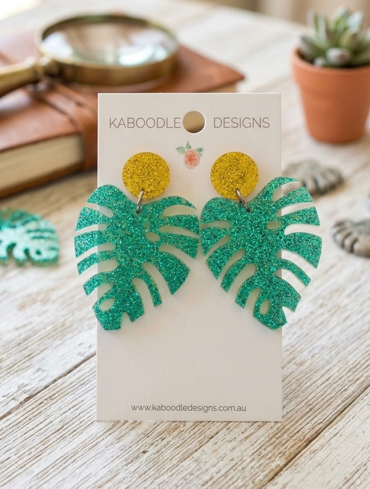 Acrylic Perspex Laser Cut Monstera Glitter Leaf Drop Earrings