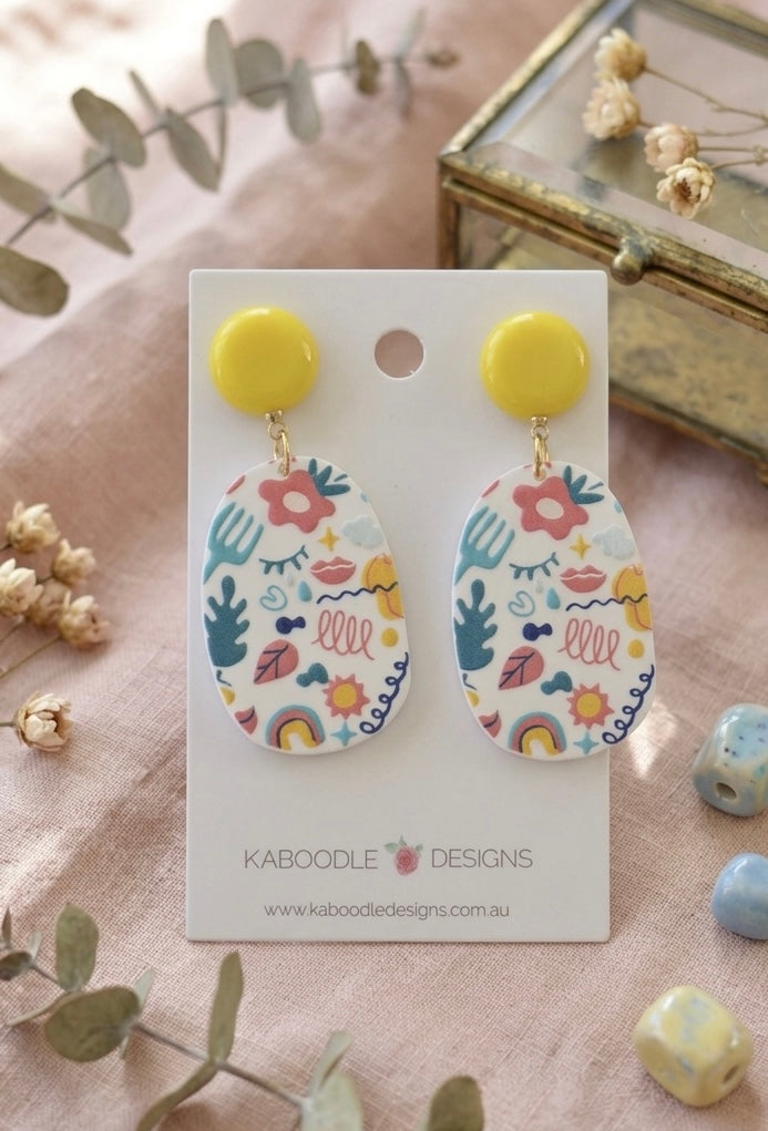 Geometric Mustard Boho Flowers and Patterns Drop Dangle Earrings