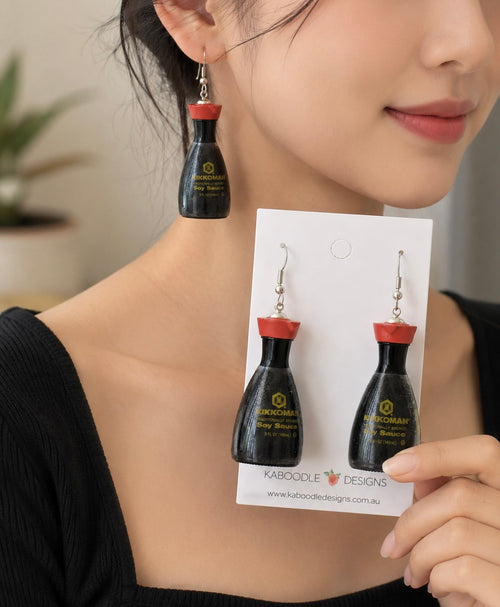3D Kikkoman Soy Sauce Sushi Drop Dangle Earrings