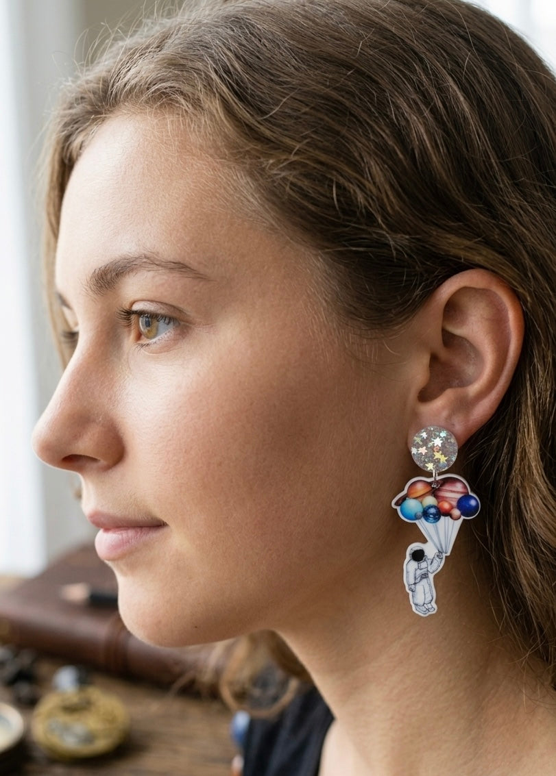 Acrylic Astronaut Galaxy Universe Planets Solar System Novelty Dangle Drop Earrings