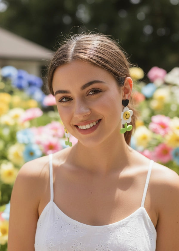 Acrylic Daisy Flower Smiley Face Happy Smile Drop Dangle Earrings
