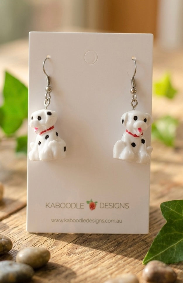 Resin Novelty Spotty Dog Dalmatian Dangle Drop Earrings