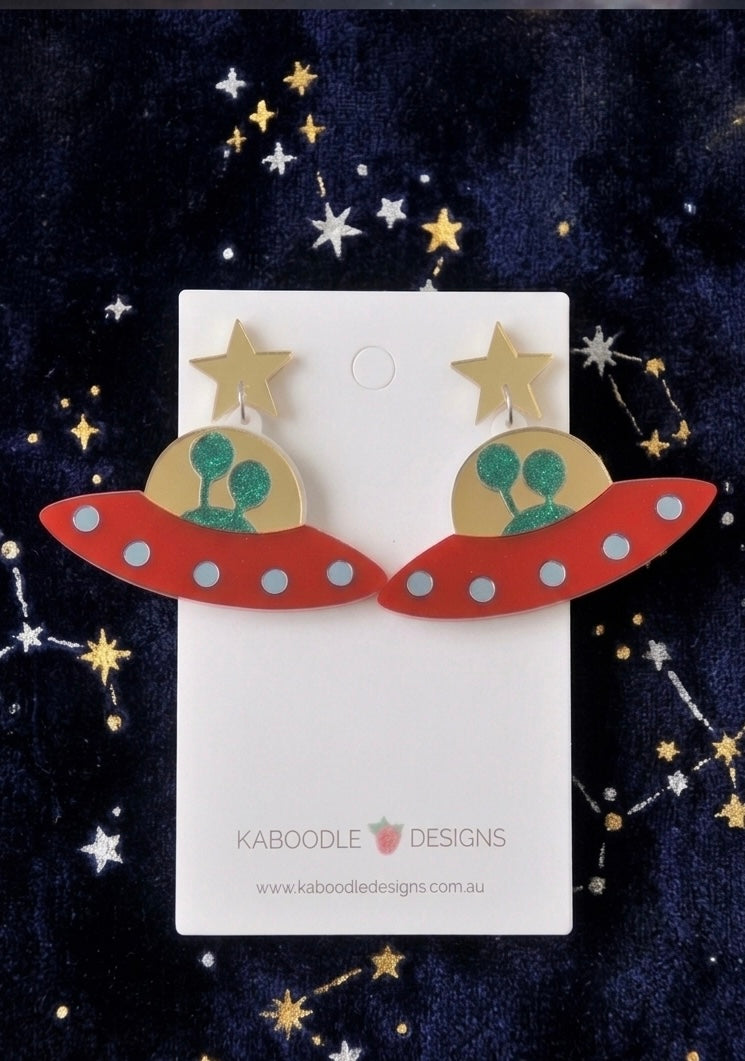 Alien UFO Spaceship Abduction Drop Dangle Earrings