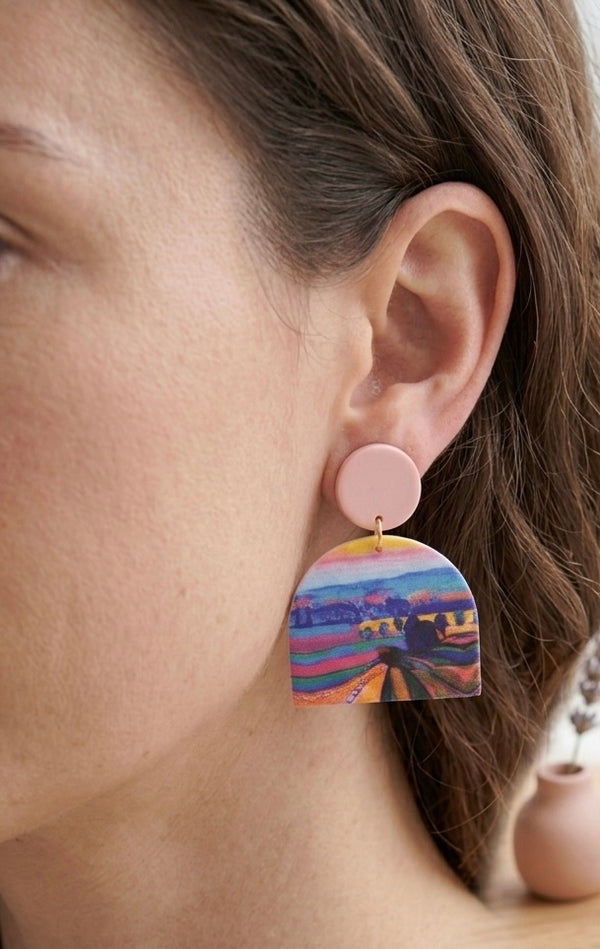 Geometric Rainbow Landscape Painting Style Statement Drop Dangle Earrings