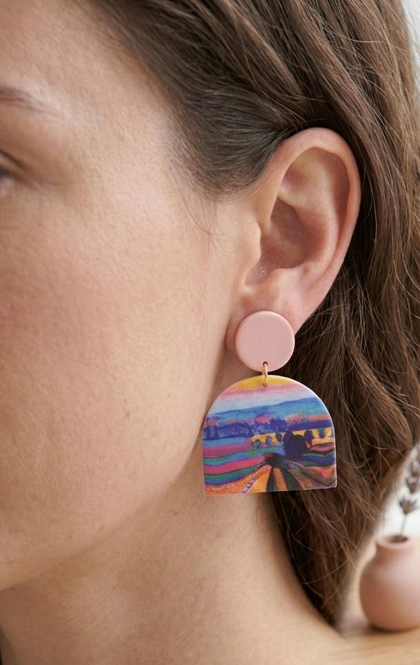 Geometric Rainbow Landscape Painting Style Statement Drop Dangle Earrings