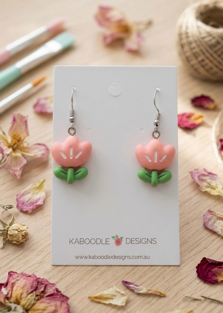 Tulip Flower Drop Dangle Earrings - Pink