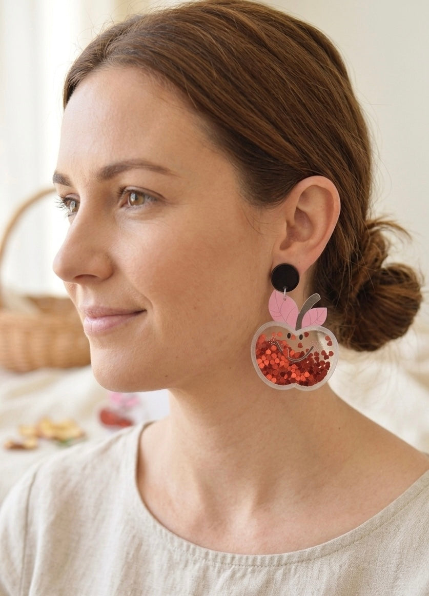 Acrylic Apple Teachers Earrings Glitter Hearts Shaker Drop Dangle Earrings