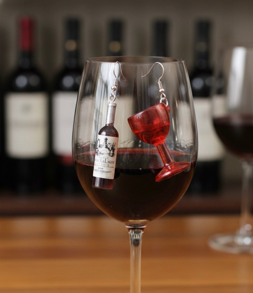 Red Wine Bottle and Glass Novelty Dangle Drop Earrings