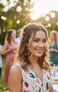 Woman wearing red disco-ball cherry drop earrings at an outdoor party