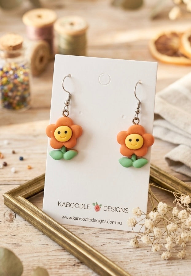 Happy Face Flower Drop Dangle Earrings - Orange