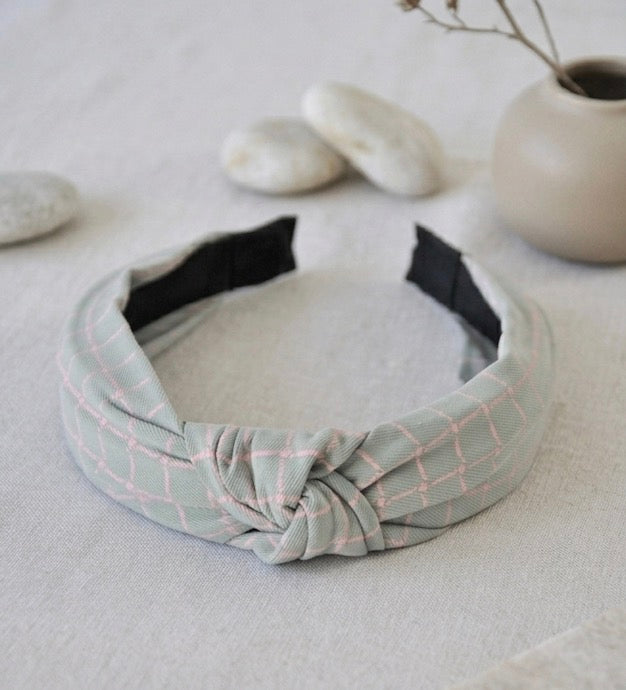 Fabric Knotted Headband - Grey and Pink Checkered Squares