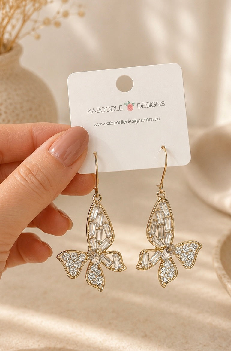 Butterfly Rhinestone Diamonte Hook Dangle Earrings