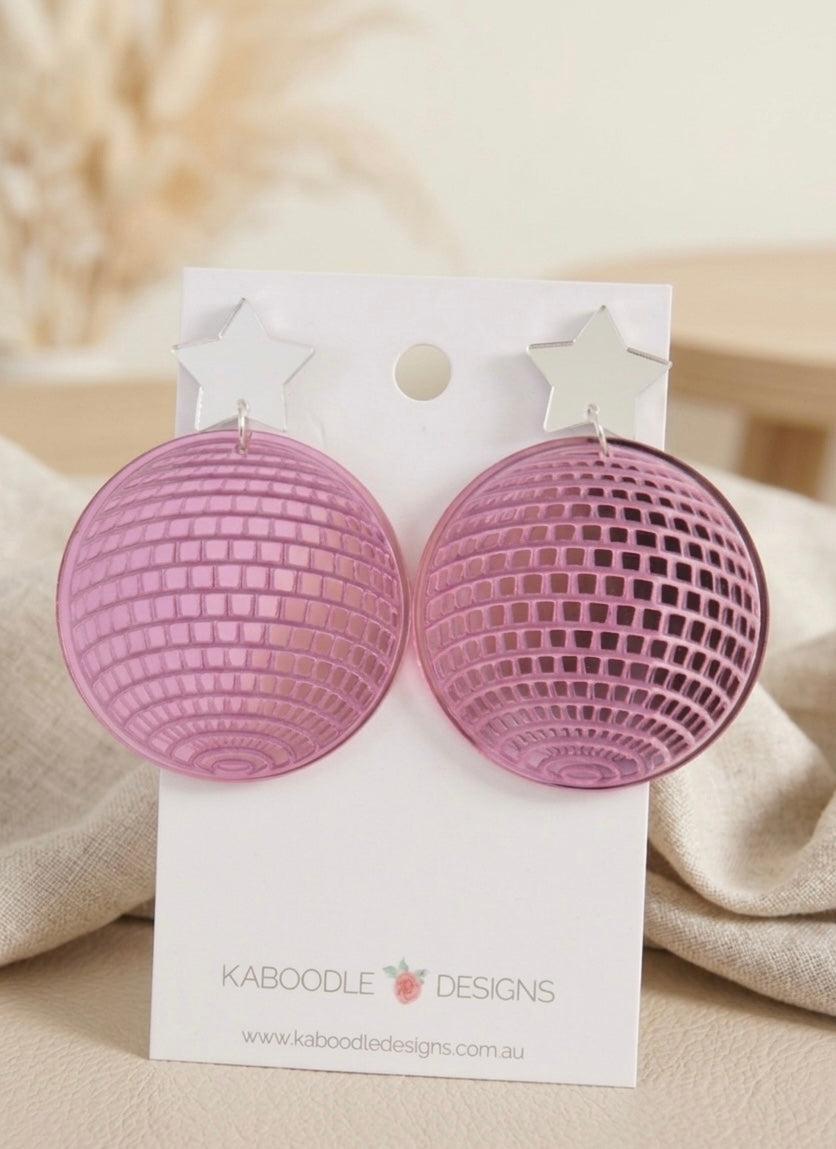 Disco Ball Retro Star Dance Party Drop Earring - Pink