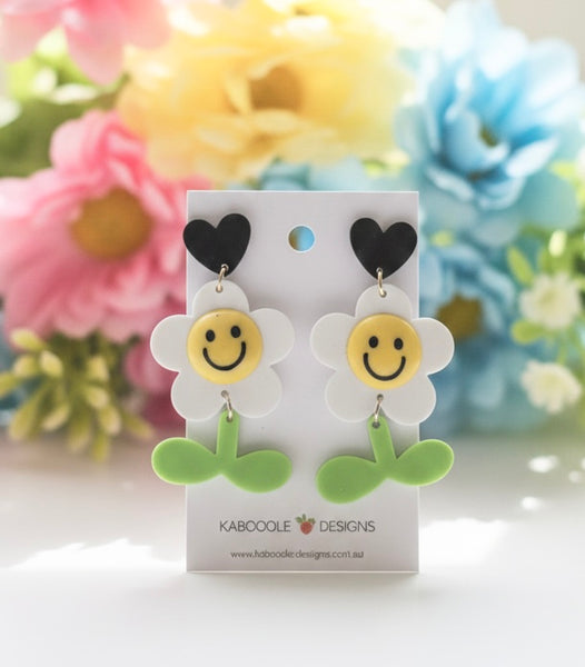 Acrylic Daisy Flower Smiley Face Happy Smile Drop Dangle Earrings