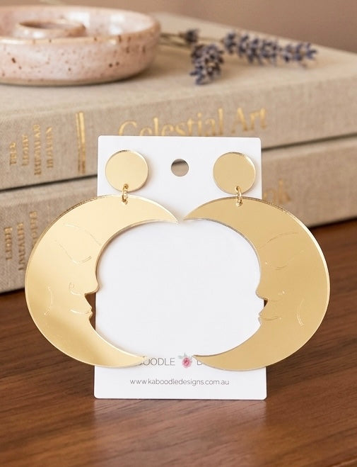 Gold Celestial Crescent Moon Face Statement Earrings