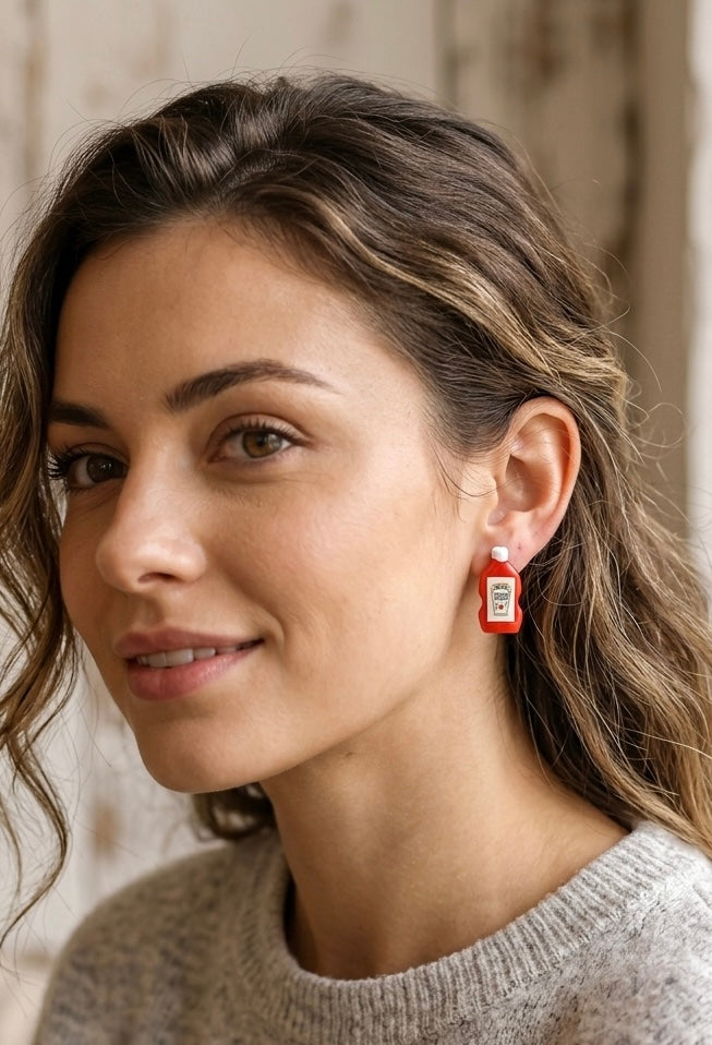 Tomato Sauce Bottle Earrings - Novelty Dangle Drops