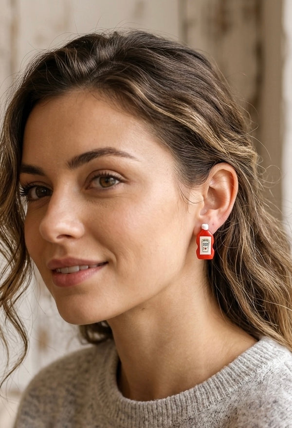 Tomato Sauce Bottle Earrings - Novelty Dangle Drops