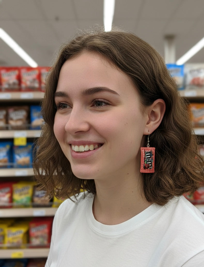 Food Candy Lolly Chocolate M&M Packet Dangle Earrings
