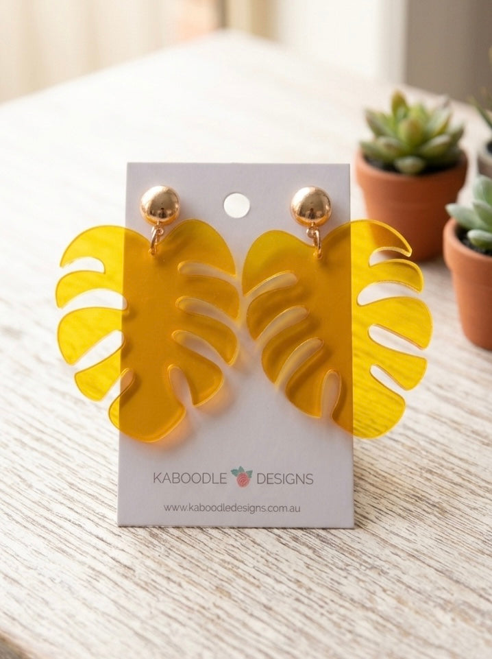 Acrylic Perspex Resin Monstera Leaf Dangle Earrings - Transparent Yellow