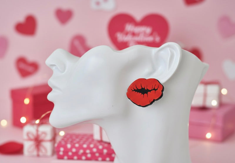 Acrylic Novelty Red Lips Kiss Stud Earrings