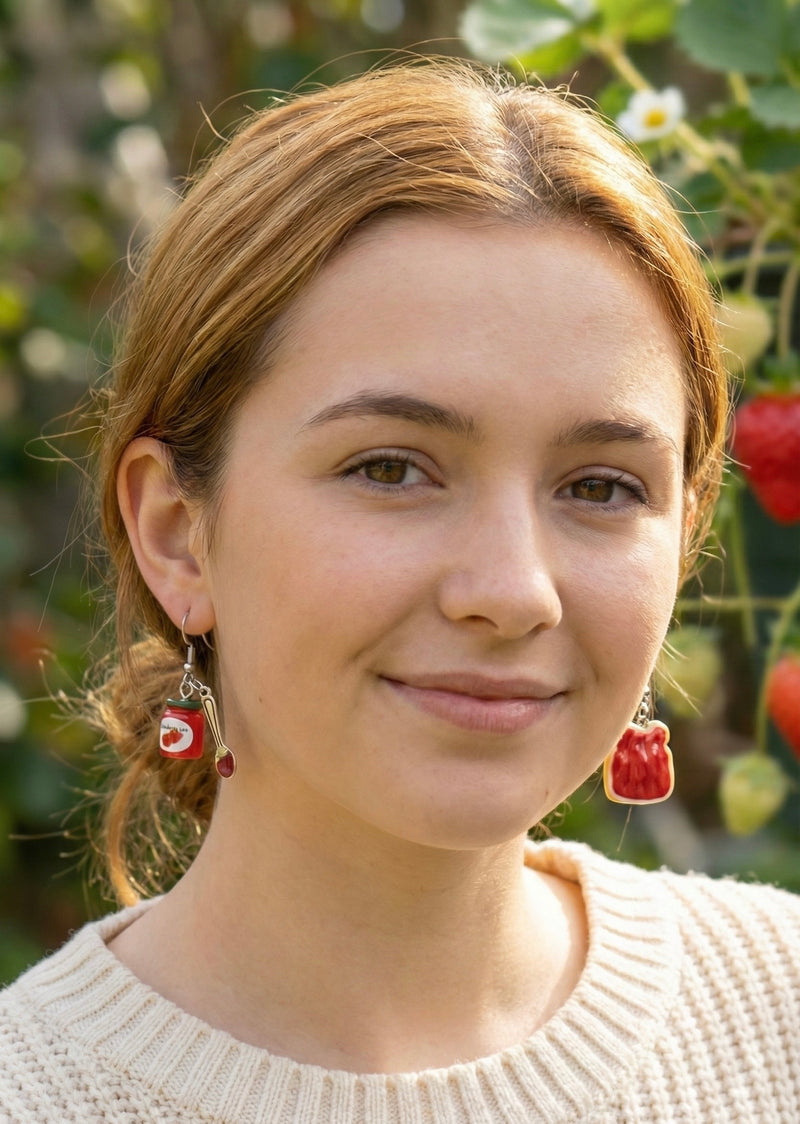 Breakfast Strawberry Jam Toast Jar Spoon Drop Dangle Earrings