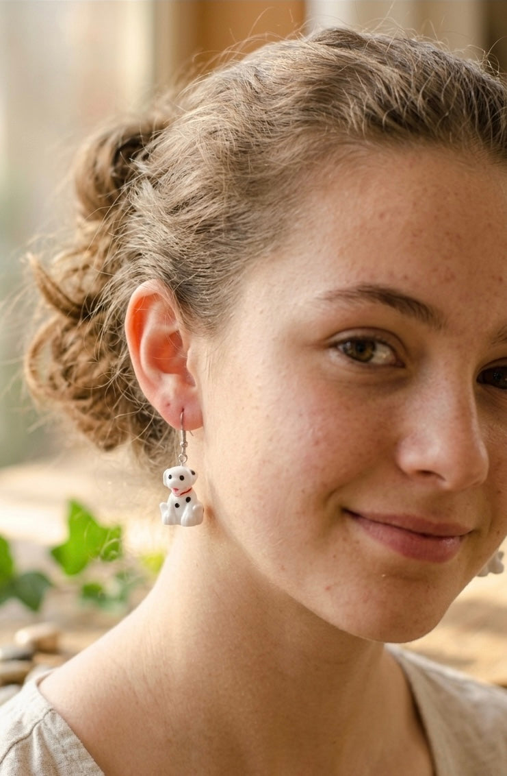 Resin Novelty Spotty Dog Dalmatian Dangle Drop Earrings