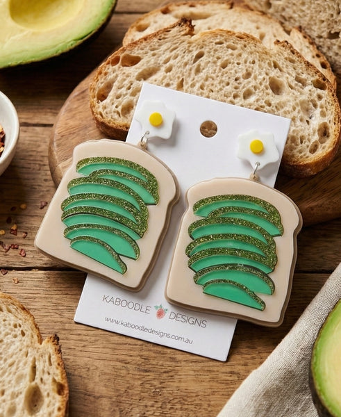 Acrylic Perspex Avocado Mashed Breakfast Toast with Egg Dangle Earrings