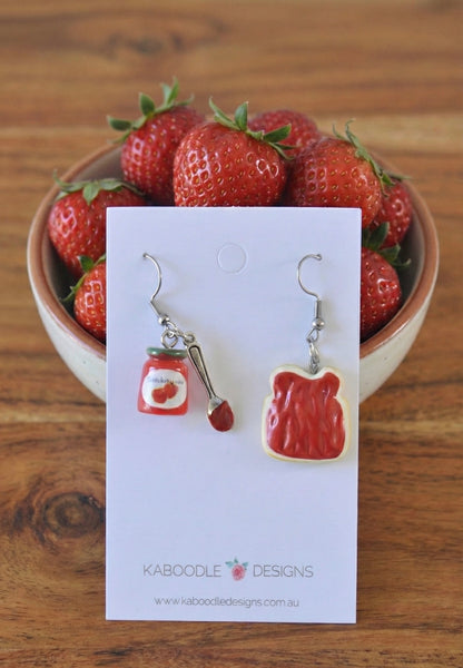 Breakfast Strawberry Jam Toast Jar Spoon Drop Dangle Earrings