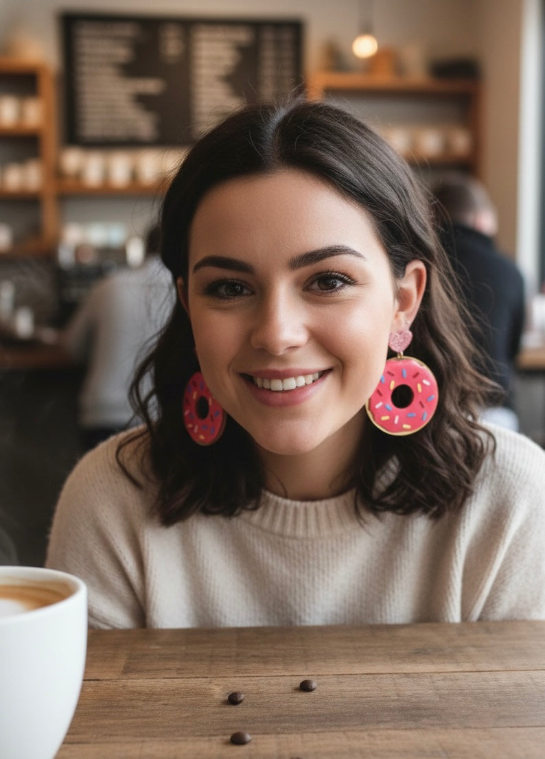 Acrylic Perspex Pearl Like Donut Doughnut Pink Sprinkles Drop Dangle Earrings (Copy)