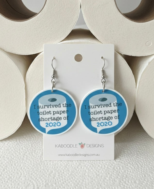 Covid Surviving 2020 Toilet Paper Crisis Novelty Fun Drop Dangle Earrings