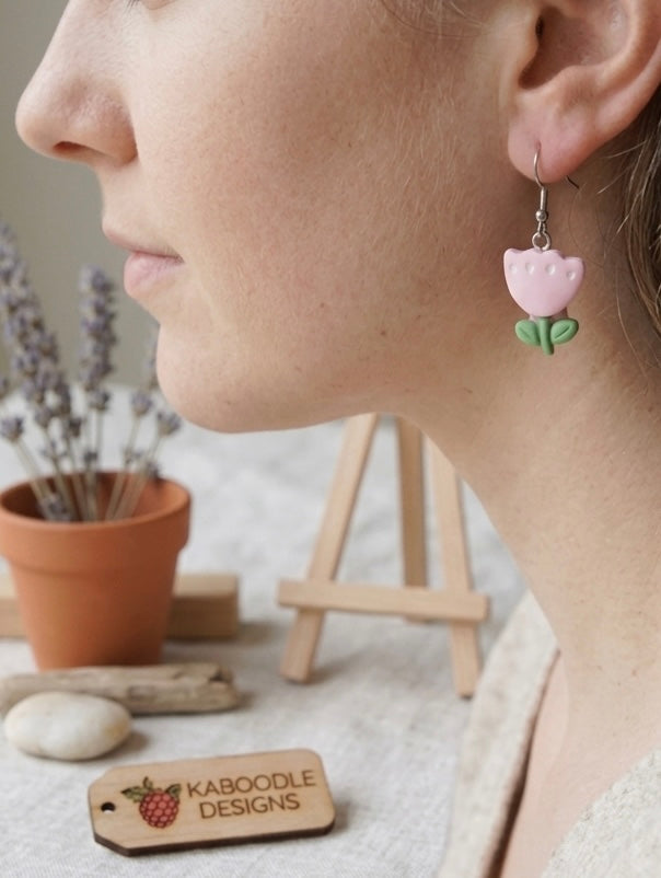 Tulip Flower Drop Dangle Earrings - Pink