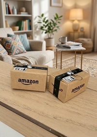 Two miniature Amazon parcel earrings with tape and shipping label detail resting on a wooden table
