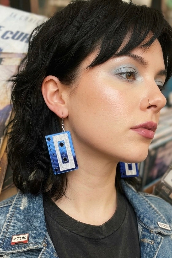 Retro Music Cassette Tape Drop Earrings - blue