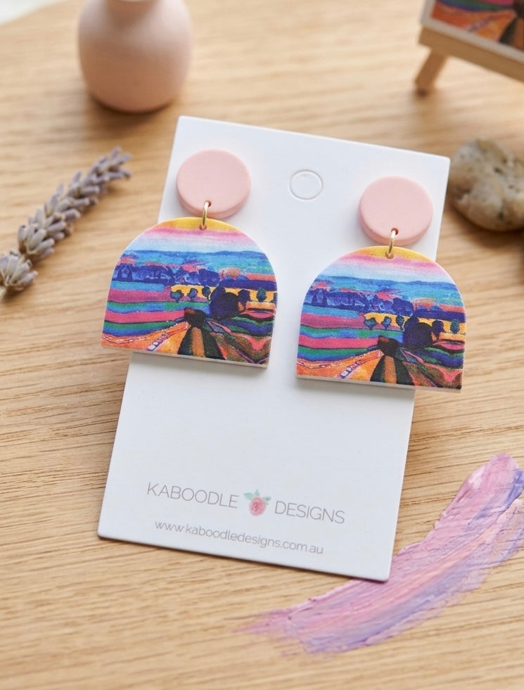 Geometric Rainbow Landscape Painting Style Statement Drop Dangle Earrings
