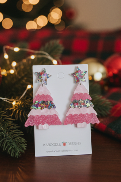 Christmas Tree Pink Glitter Drop Earrings