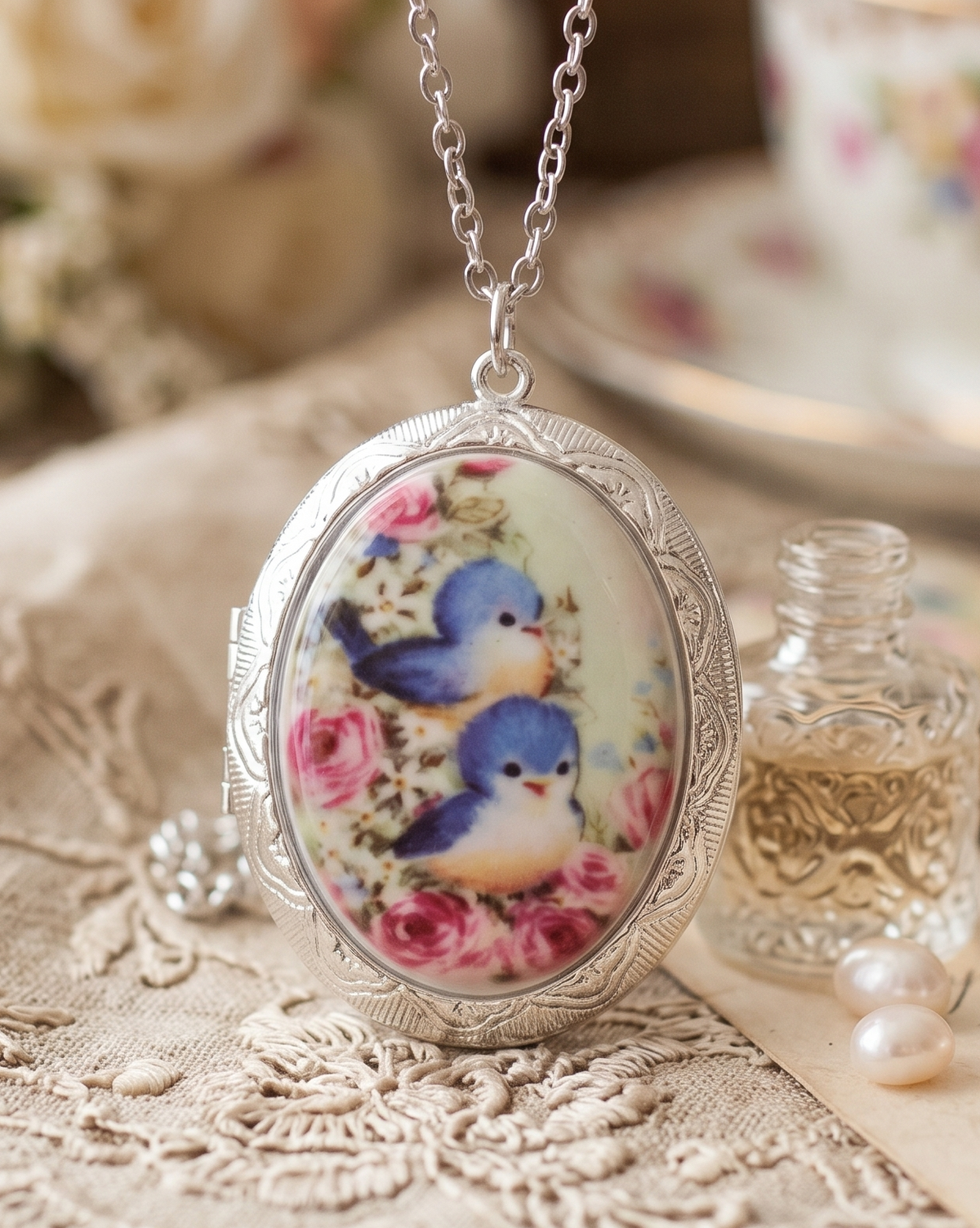 Vintage Birds Large Oval Locket with Ceramic Cameo