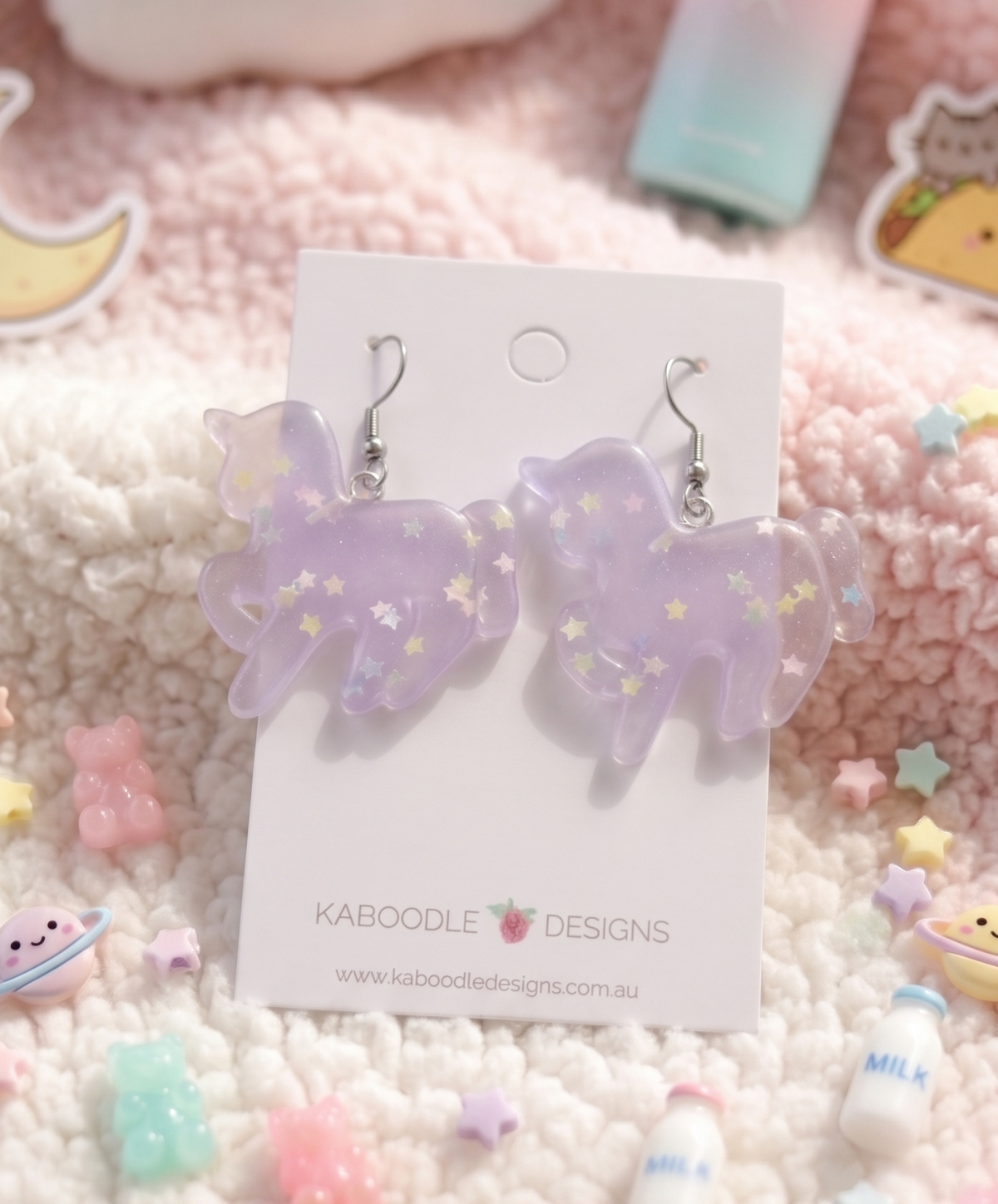Resin Rainbow Glitter Unicorn Dangle Drop Earrings - Pastel Purple