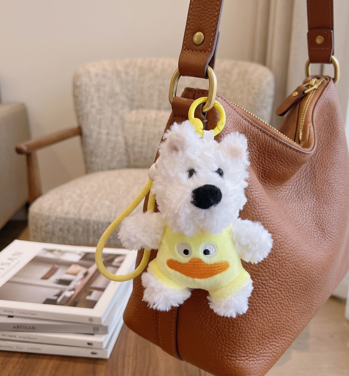 Dog with Pig Suit Plush Handbag Keychain Keyring - Yellow