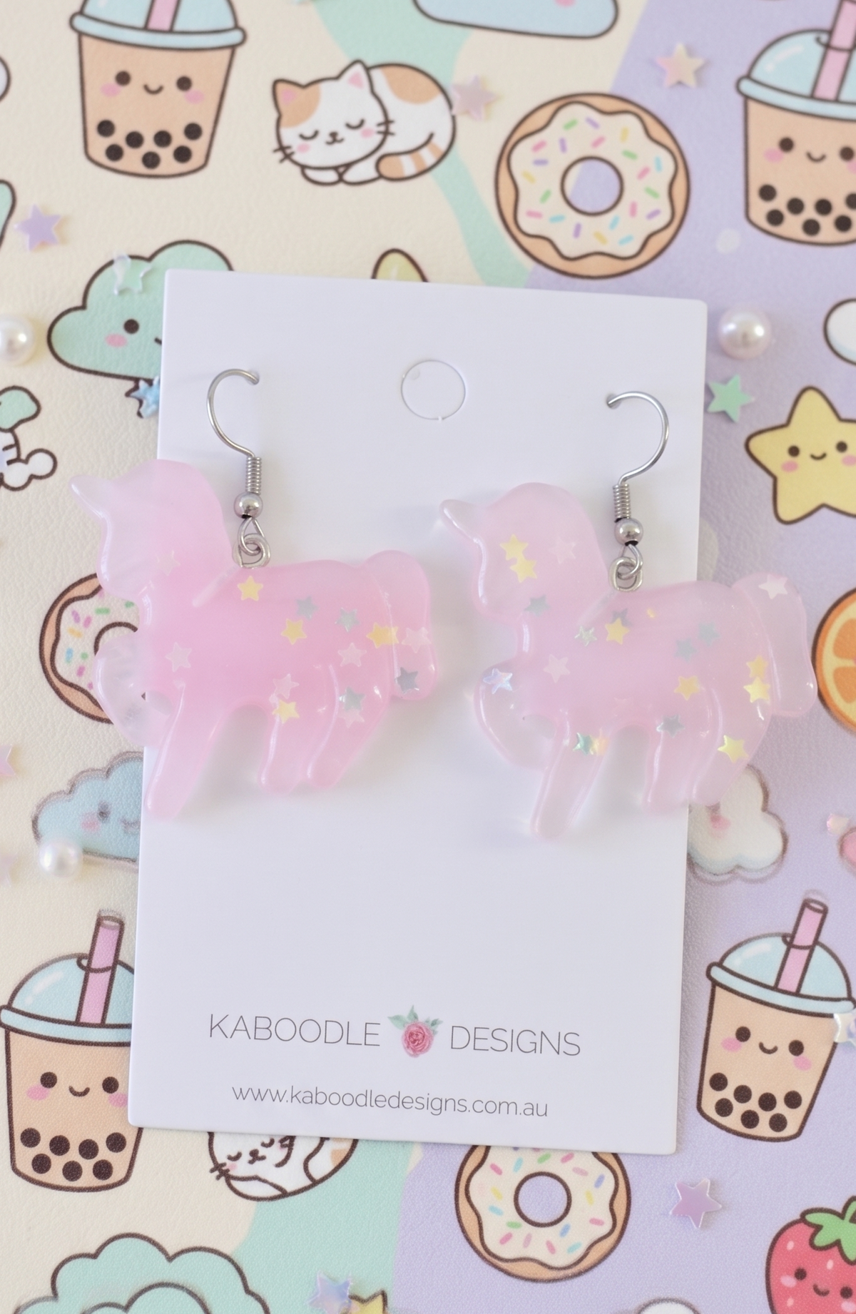 Resin Rainbow Glitter Unicorn Dangle Drop Earrings - Pastel Pink
