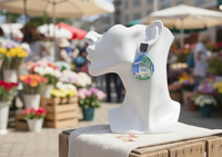 Single flower market earring worn on a display ear model at an outdoor market