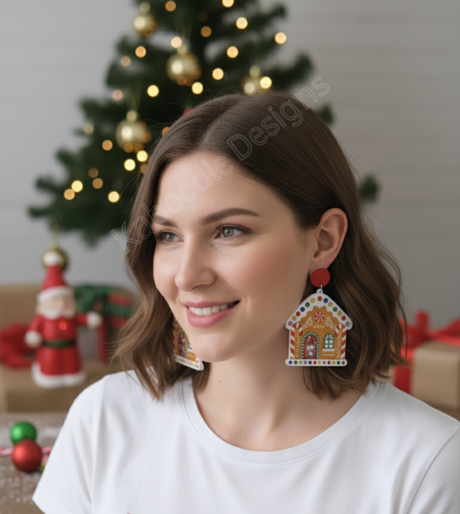 Acrylic Christmas Merry Christmas Gingerbread House Candy CaneDrop Dangle Earrings
