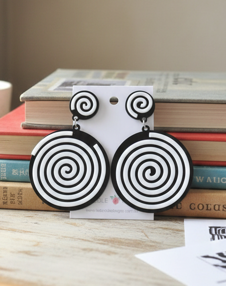 Black and White Spiral Maze Round Swirl Drop Dangle Earrings