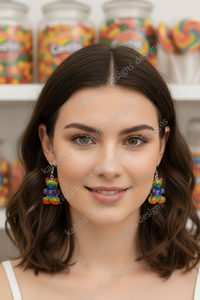 Model wearing rainbow gummy bear drop earrings, front-facing view showing colour and scale
