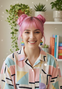 Model with pink hair wearing rainbow star drop earrings and a colourful pyjama shirt