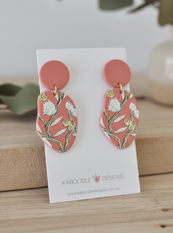 Geometric Boho Flowers Coral Statement Drop Dangle Earrings