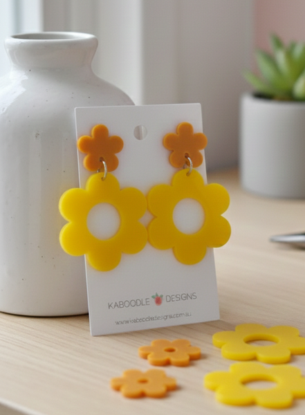 Acrylic Daisy Flower Drop Dangle Earrings - Mustard Yellow