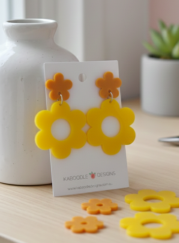 Acrylic Daisy Flower Drop Dangle Earrings - Mustard Yellow
