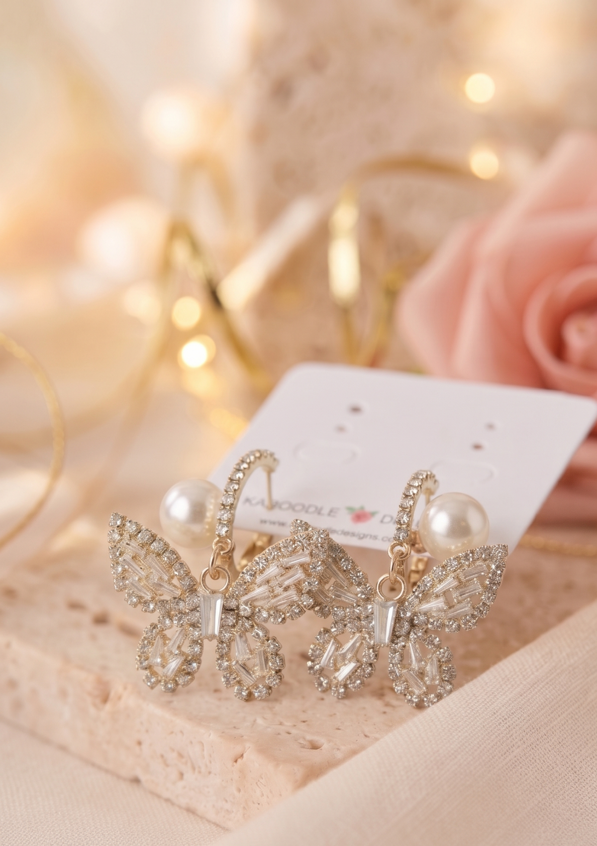 Butterfly Rhinestone Diamonte Faux Pearl Hoop Dangle Earrings