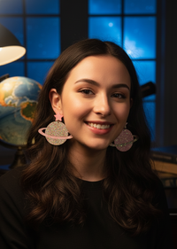 Model wearing glittery pink and multi Saturn planet earrings with star stud detail