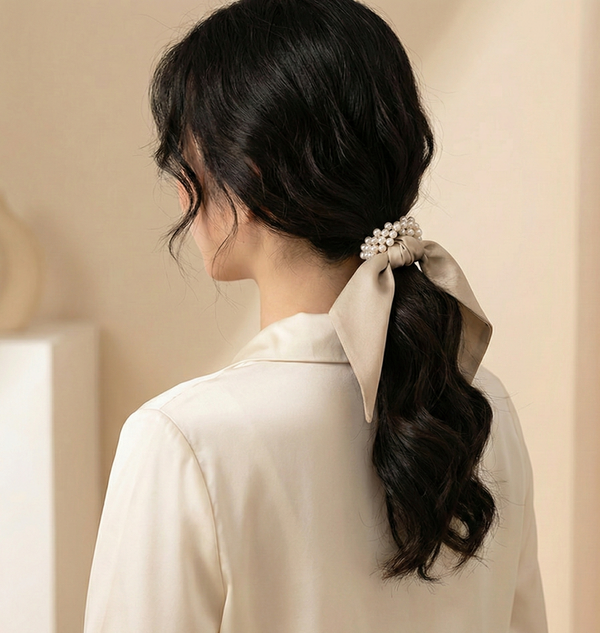 Bohemian Scrunchie Faux Pearl Hair Tie - Pink